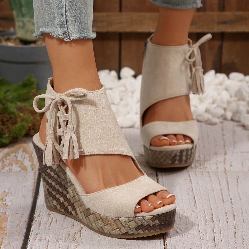 Colette | Wedge Sandals with Tassel Detail and Peep Toe