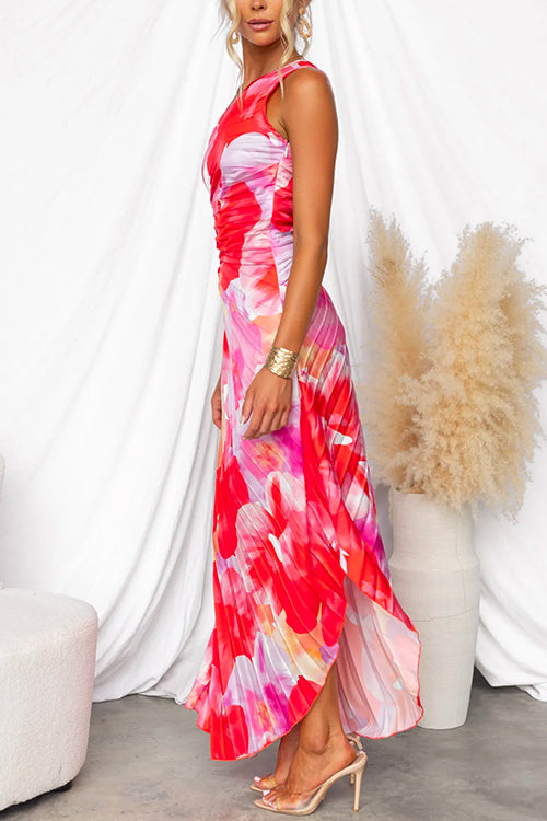 Corinna | Floral Maxi Dress with One Shoulder Neckline and Ruched Bodice