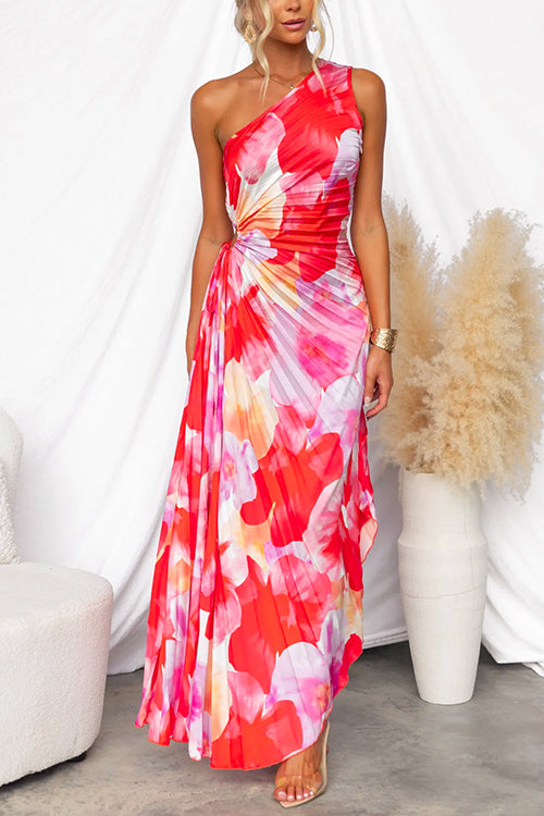 Corinna | Floral Maxi Dress with One Shoulder Neckline and Ruched Bodice
