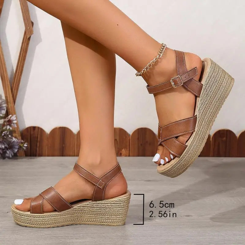 Cynthia | Platform Wedge Sandals with Ankle Strap and Criss-Cross Straps