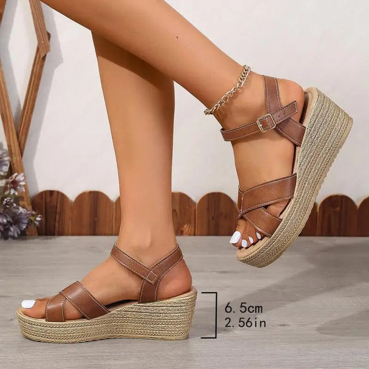 Cynthia | Platform Wedge Sandals with Ankle Strap and Criss-Cross Straps