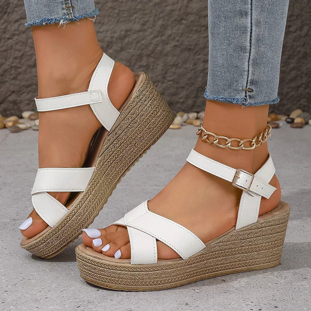 Cynthia | Platform Wedge Sandals with Ankle Strap and Criss-Cross Straps