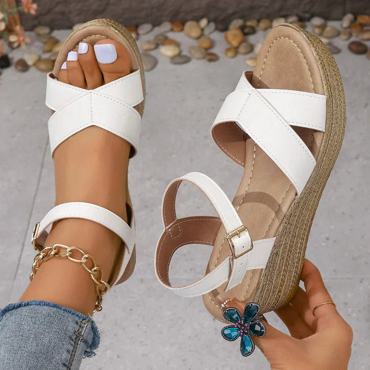 Cynthia | Platform Wedge Sandals with Ankle Strap and Criss-Cross Straps