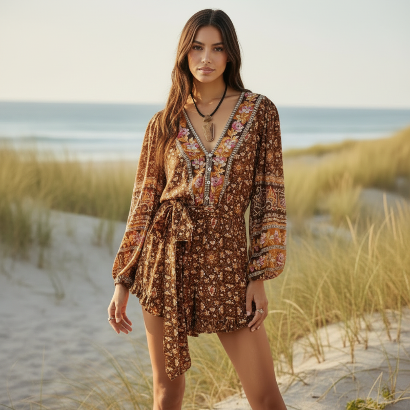 Danielle | Boho Floral Mini Dress with V Neck and Long Sleeves