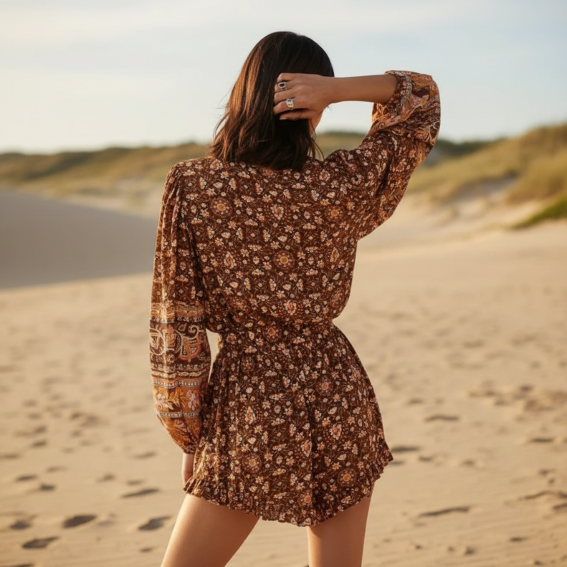 Danielle | Boho Floral Mini Dress with V Neck and Long Sleeves