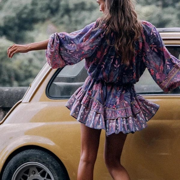 Darlene | Boho Mini Dress with V Neck and Ruffle Skirt