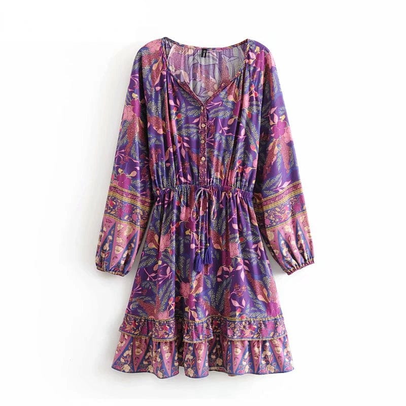 Darlene | Boho Mini Dress with V Neck and Ruffle Skirt