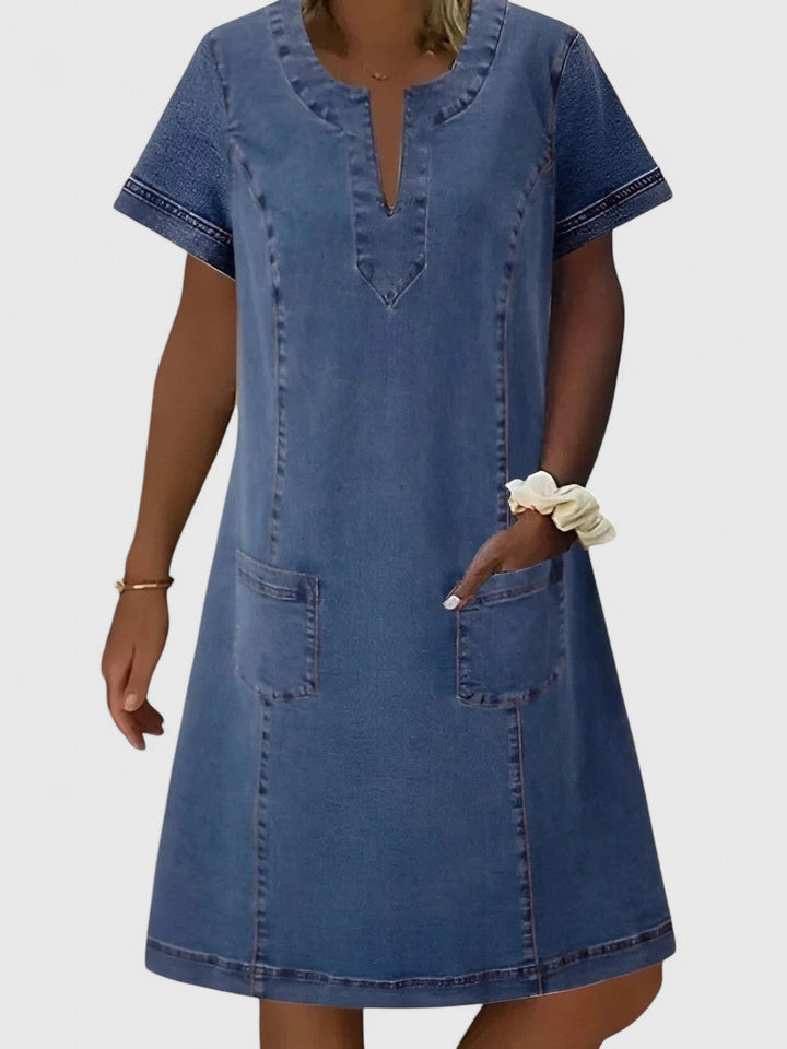 Darlene | Denim Mini Dress with V Neck and Short Sleeves