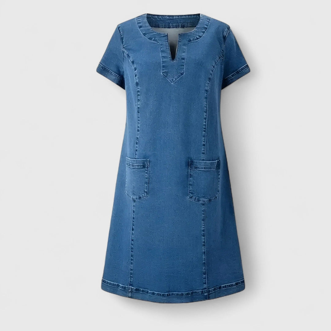 Darlene | Denim Mini Dress with V Neck and Short Sleeves