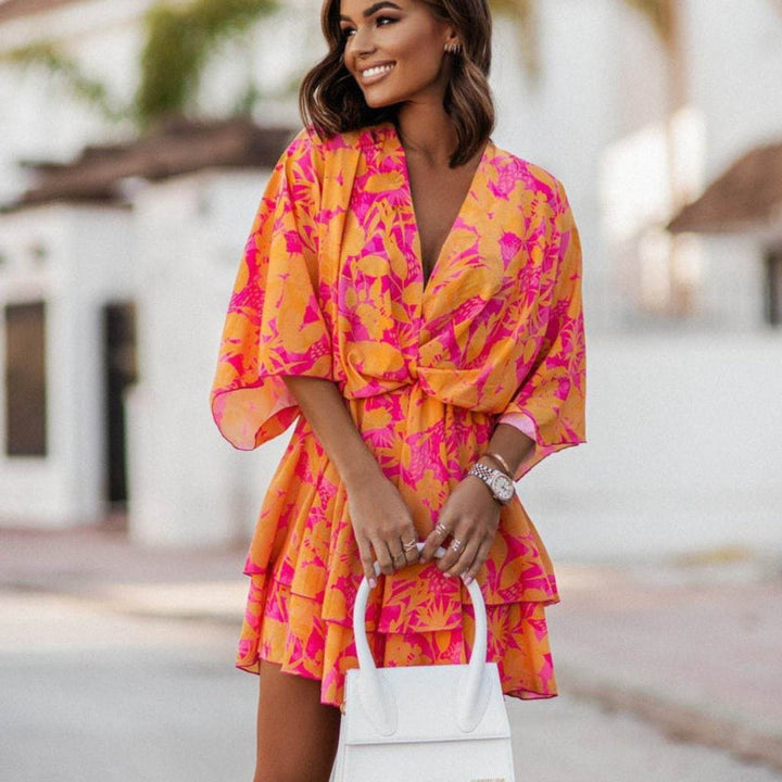 Darlene | Floral Mini Dress with V Neck and Batwing Sleeves
