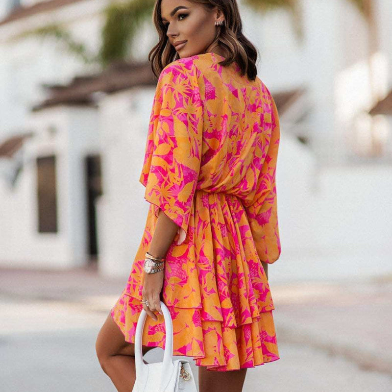 Darlene | Floral Mini Dress with V Neck and Batwing Sleeves
