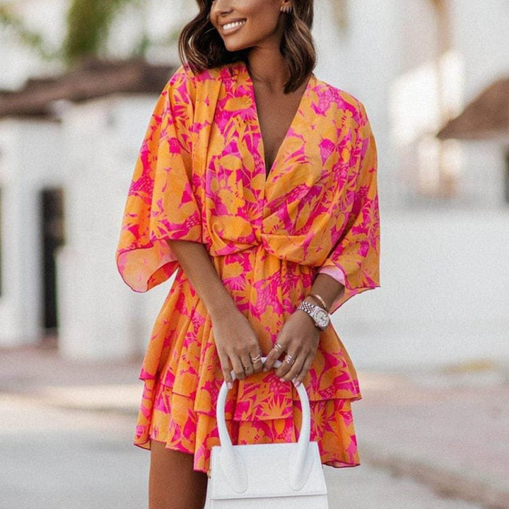 Darlene | Floral Mini Dress with V Neck and Batwing Sleeves