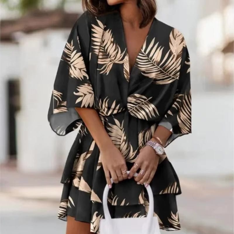 Dawn | Mini Dress with Leaf Print and Ruffle Trim