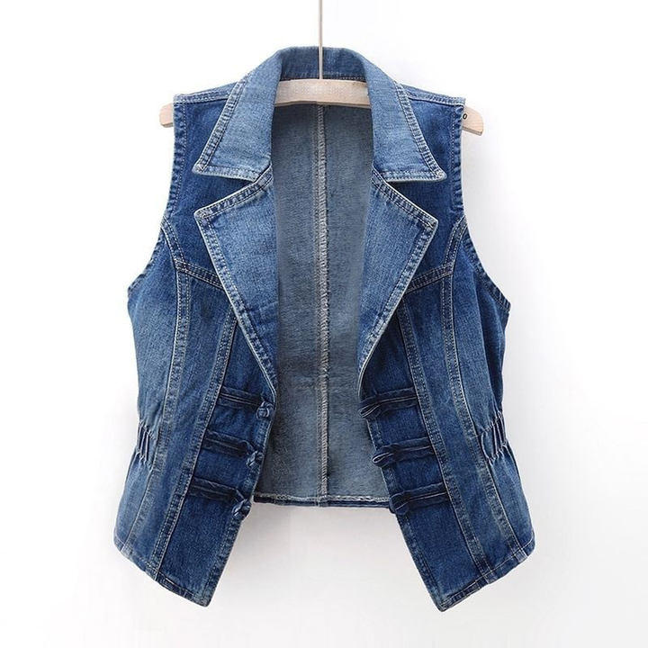 Dolores | Denim Vest with Lapel Collar and Gathered Waist