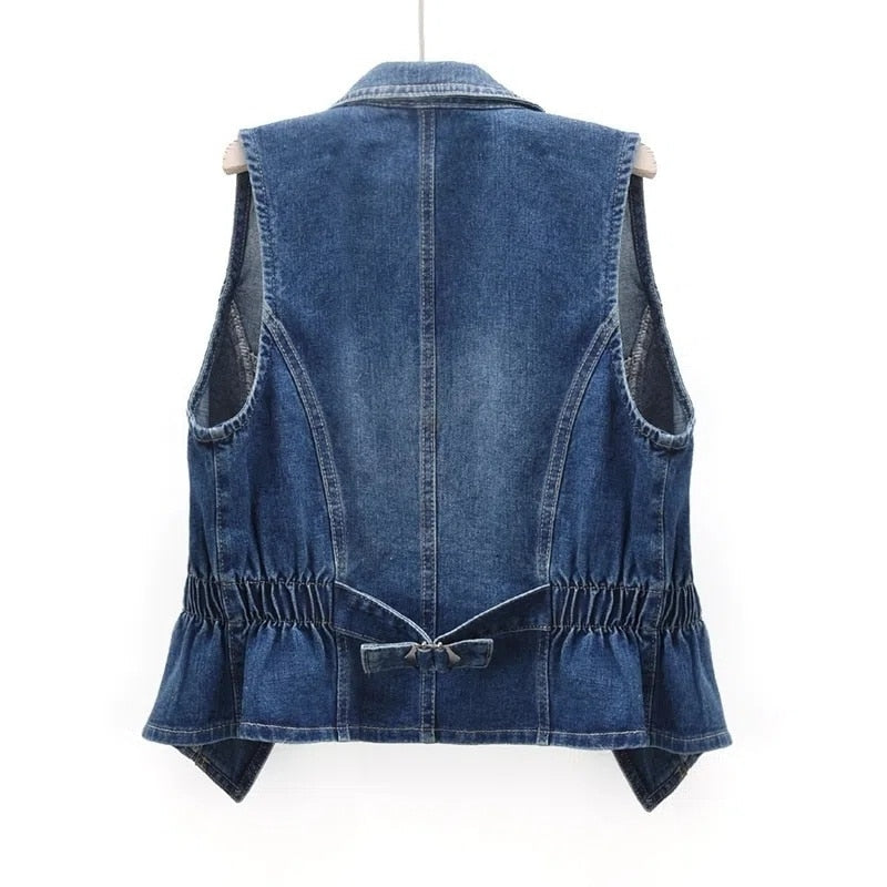 Dolores | Denim Vest with Lapel Collar and Gathered Waist