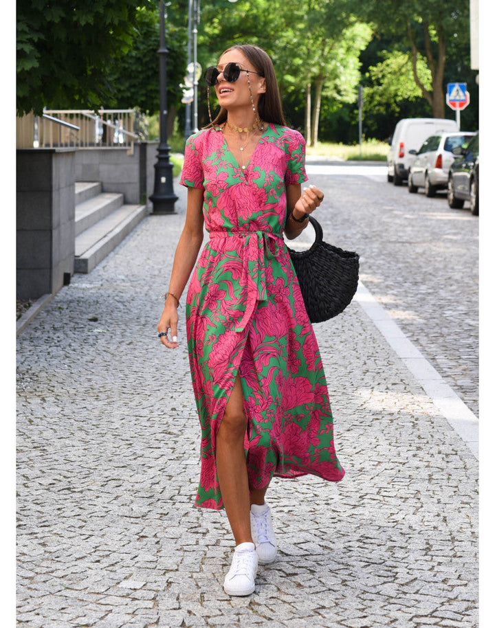 Dolores | Floral Midi Wrap Dress with V Neck and Flutter Sleeves