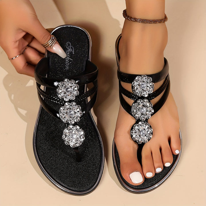 Dominique | Embellished Flat Sandals with Crystal Accents and Thong Strap