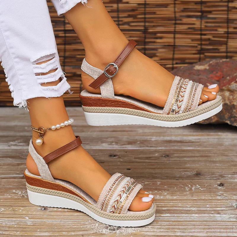Dominique | Platform Wedge Sandals with Ankle Strap and Embellished Detail