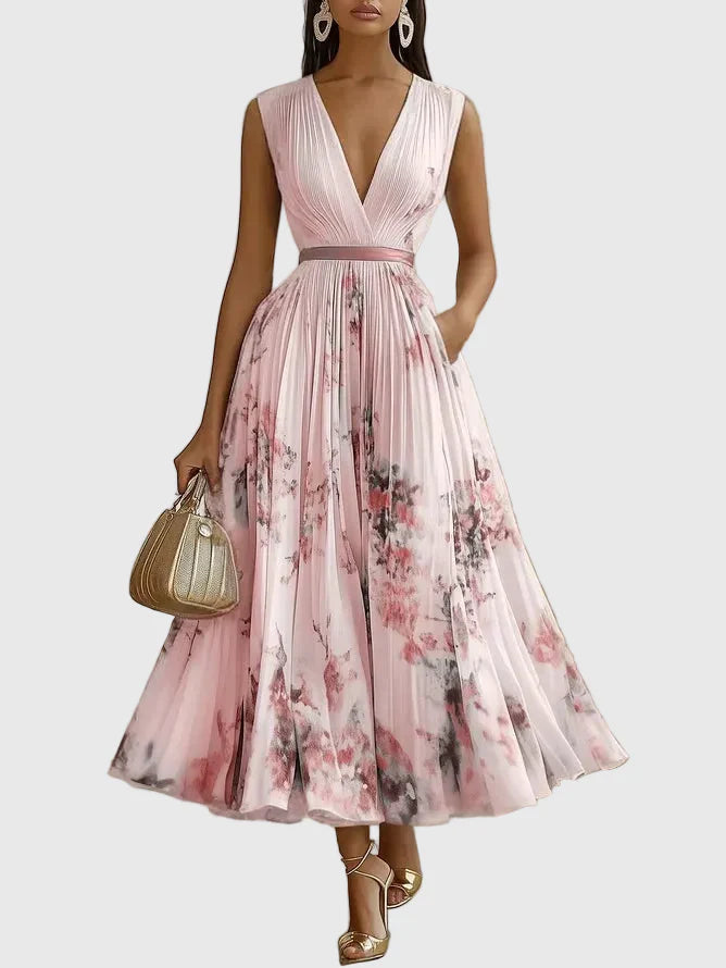 Dorothy | Floral Pleated Maxi Dress with Deep V Neck and Belted Waist