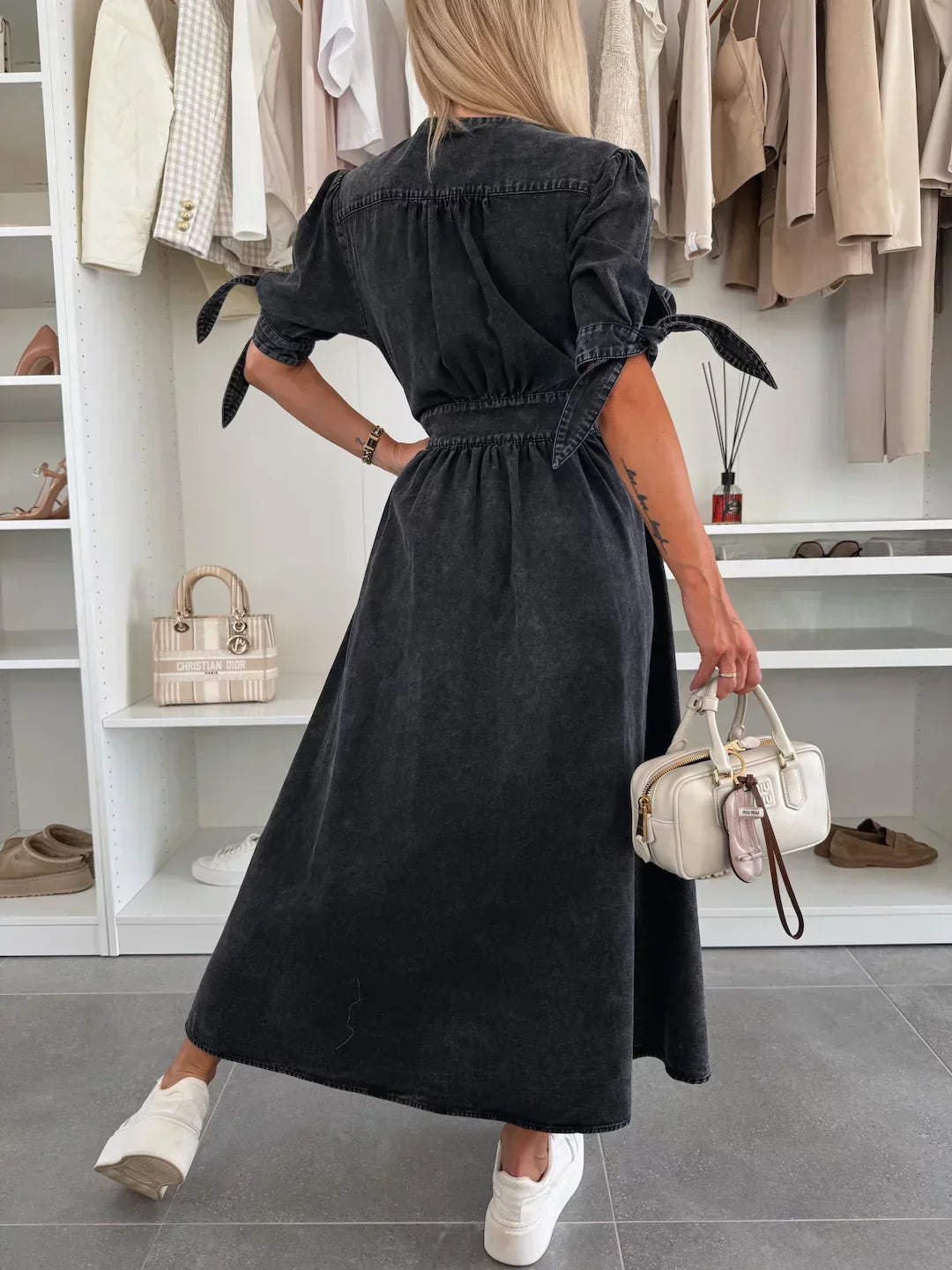 Elizabeth | Solid Button Front Maxi Dress with V Neck and Puff Sleeves