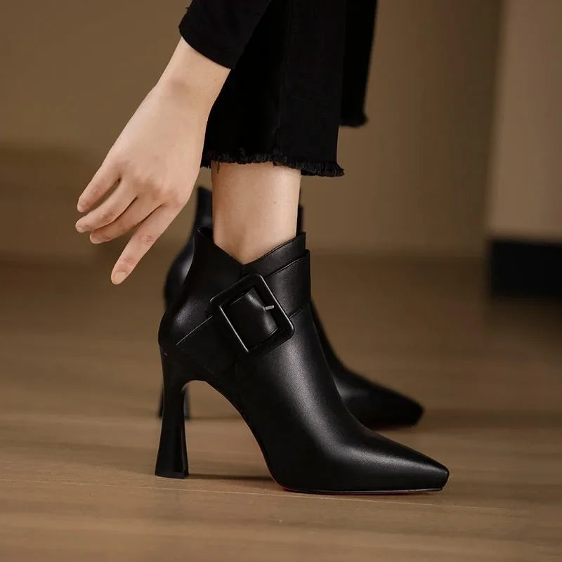 Ethel | Buckle Heeled Boots with Pointed Toe and Ankle Strap