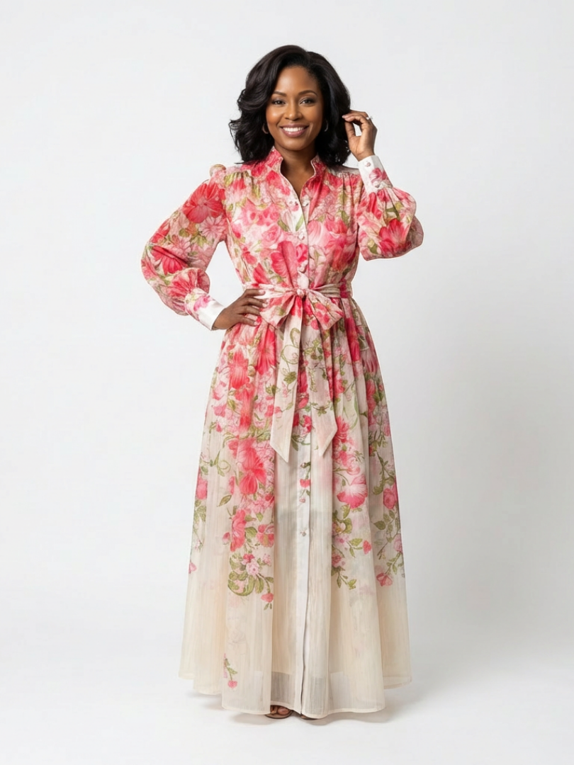 Evangeline | Floral Sheer Maxi Dress with Long Sleeves and Tie Belt