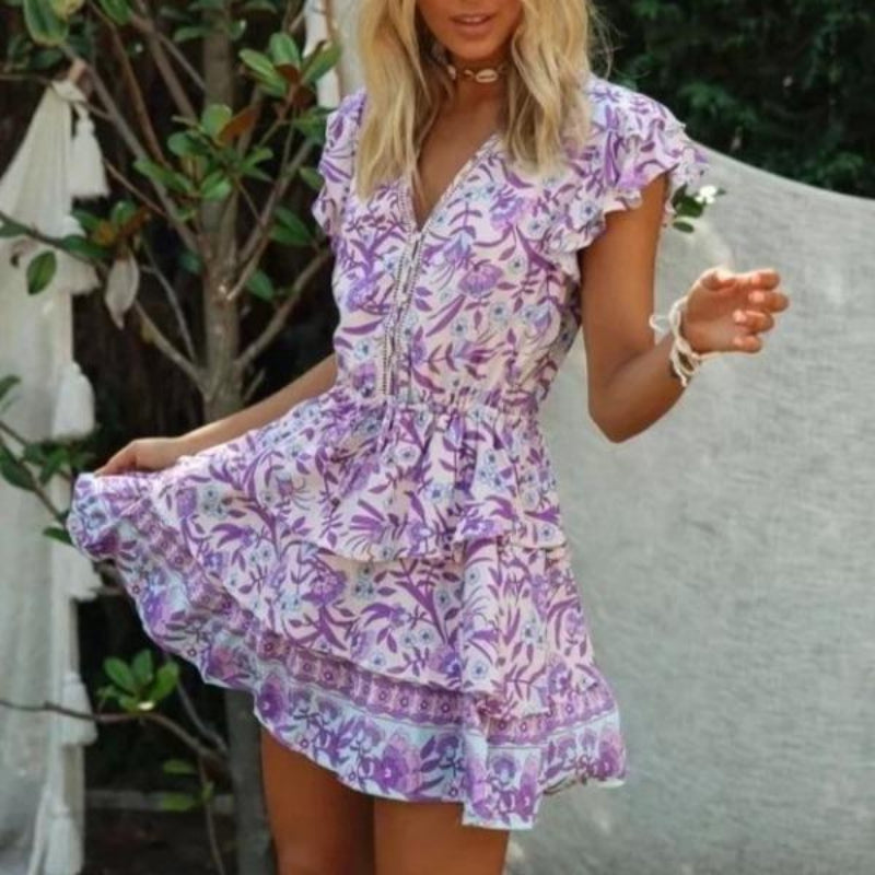 Faye | Mini Dress Boho Floral with V Neck and Ruffle Trim