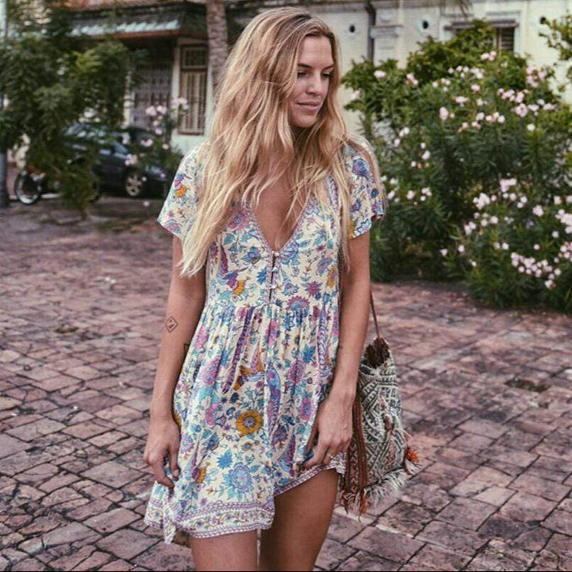 Felicia | Boho Floral Mini Dress with V Neck and Short Sleeves