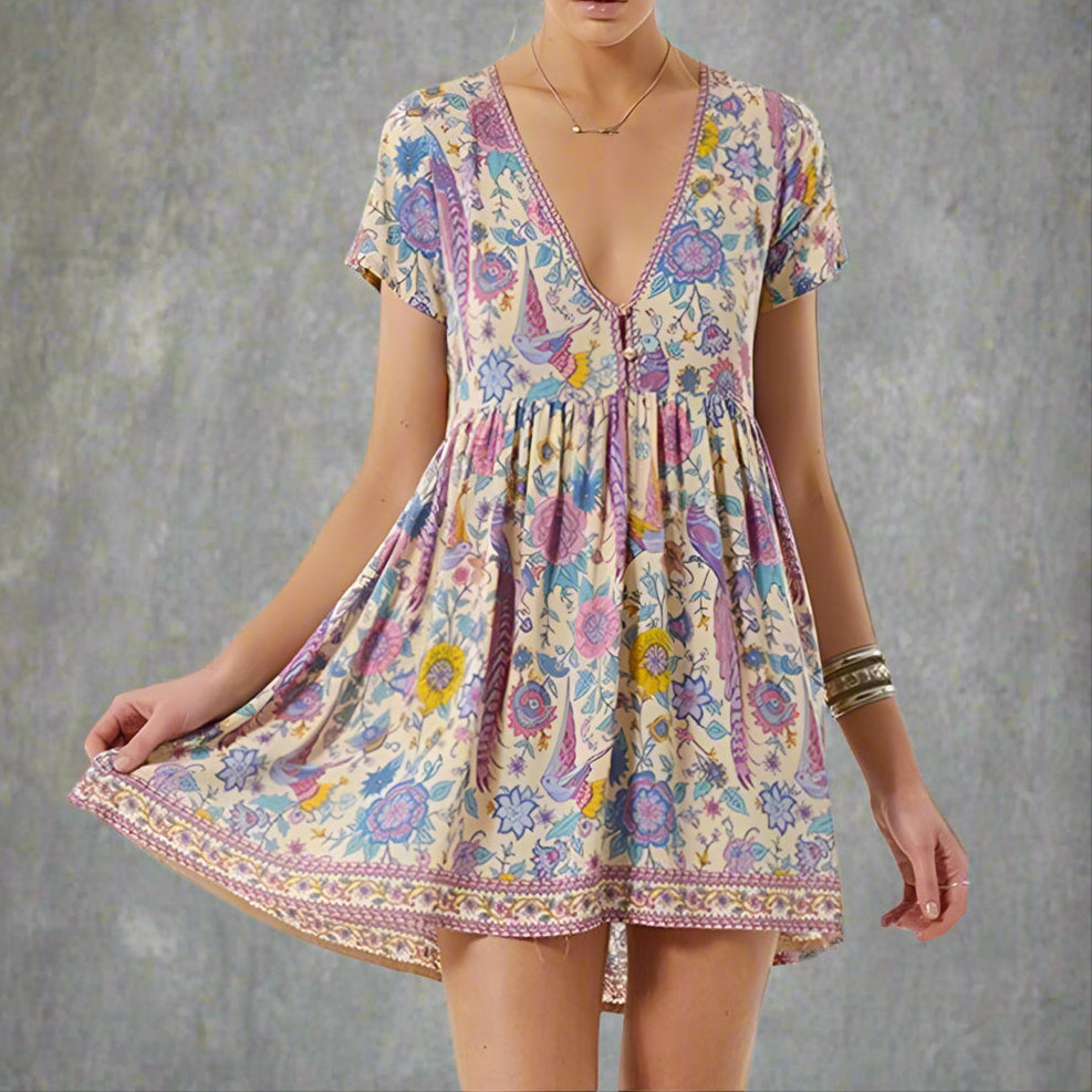 Felicia | Boho Floral Mini Dress with V Neck and Short Sleeves
