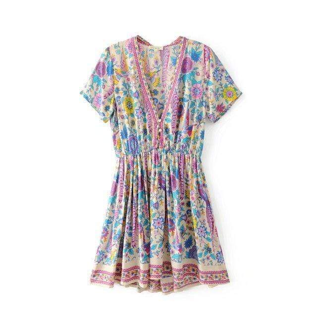 Felicia | Boho Floral Mini Dress with V Neck and Short Sleeves