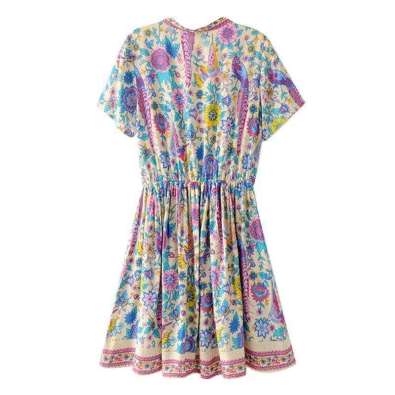 Felicia | Boho Floral Mini Dress with V Neck and Short Sleeves