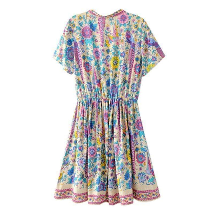 Felicia | Boho Floral Mini Dress with V Neck and Short Sleeves