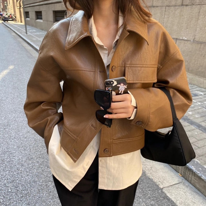Francesca | Leather Jacket with Folded Collar and Button Closure