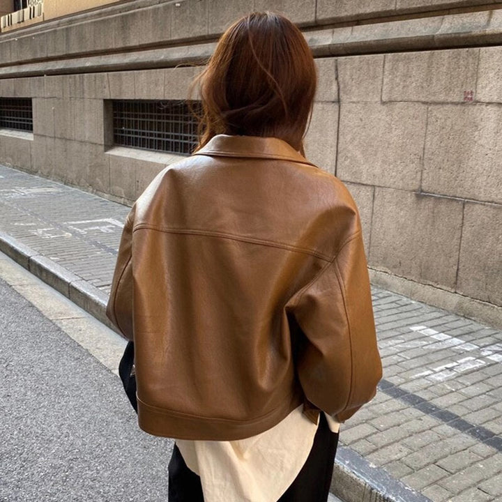 Francesca | Leather Jacket with Folded Collar and Button Closure