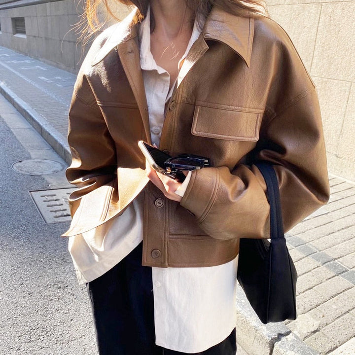 Francesca | Leather Jacket with Folded Collar and Button Closure