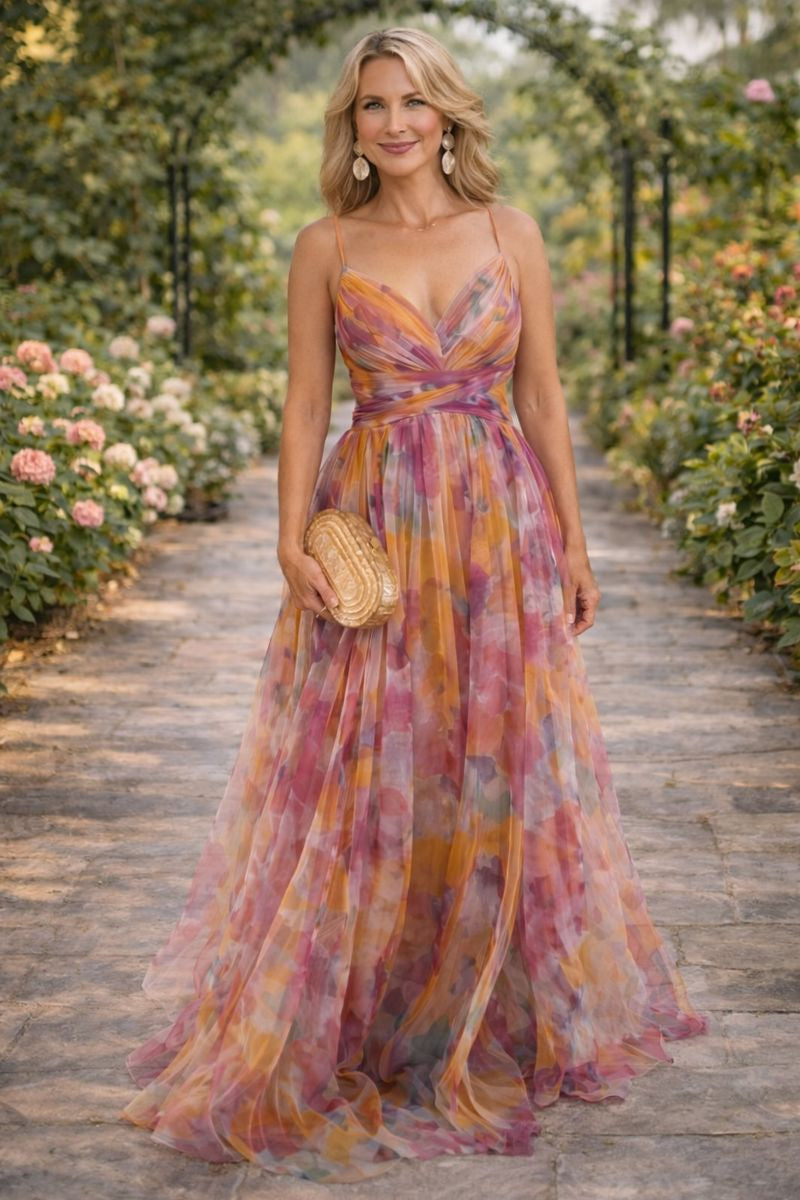 Genevieve | Floral Maxi Dress with V Neck and Spaghetti Straps