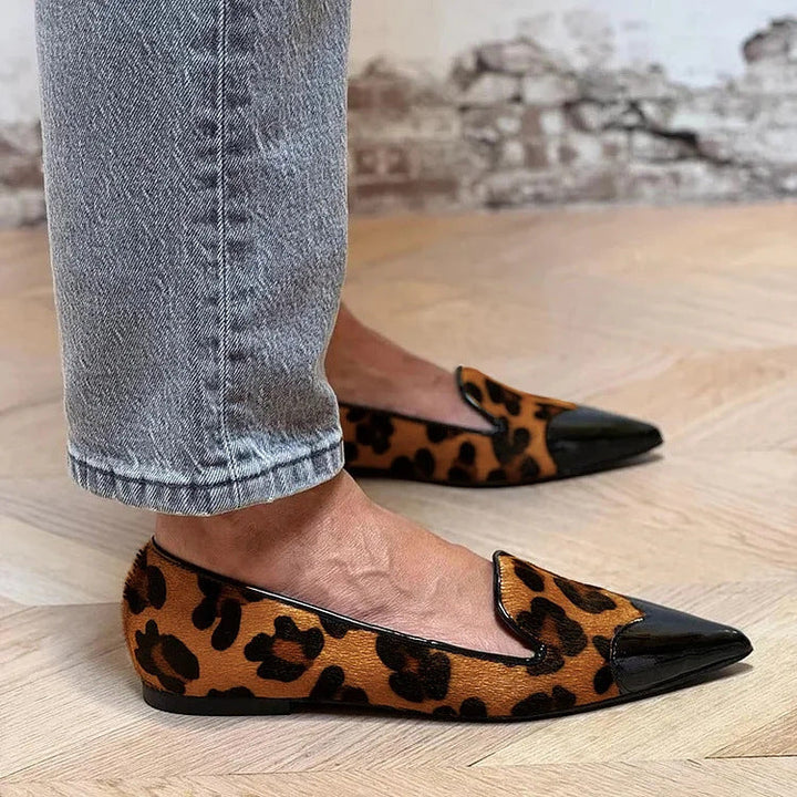 Georgette | Leopard Print Loafers with Pointed Toe and Patent Cap Toe