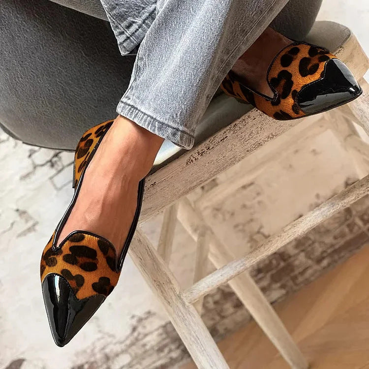 Georgette | Leopard Print Loafers with Pointed Toe and Patent Cap Toe