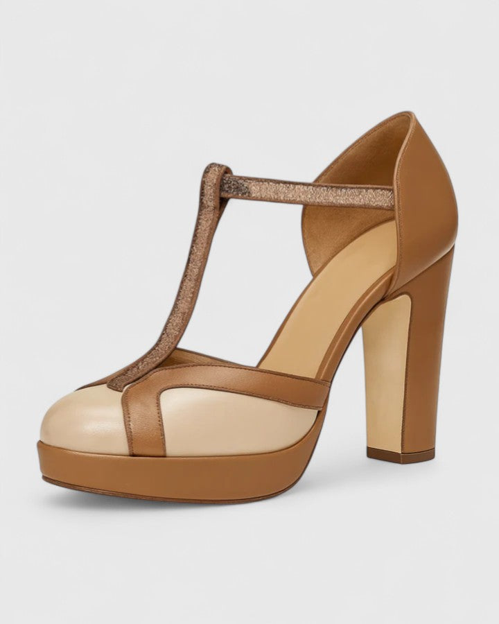 Georgette | T-Strap Platform Heels with Round Toe and Block Heel