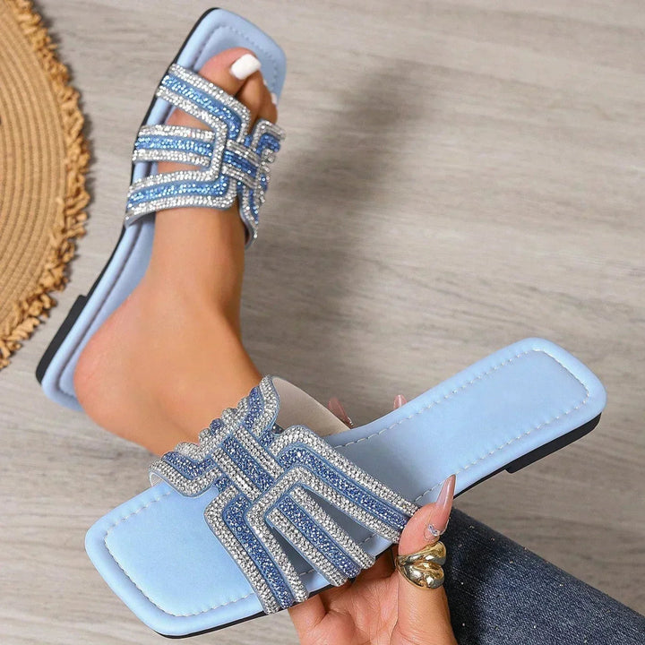 Geraldine | Slide Sandals with Geometric Straps and Rhinestone Embellishment