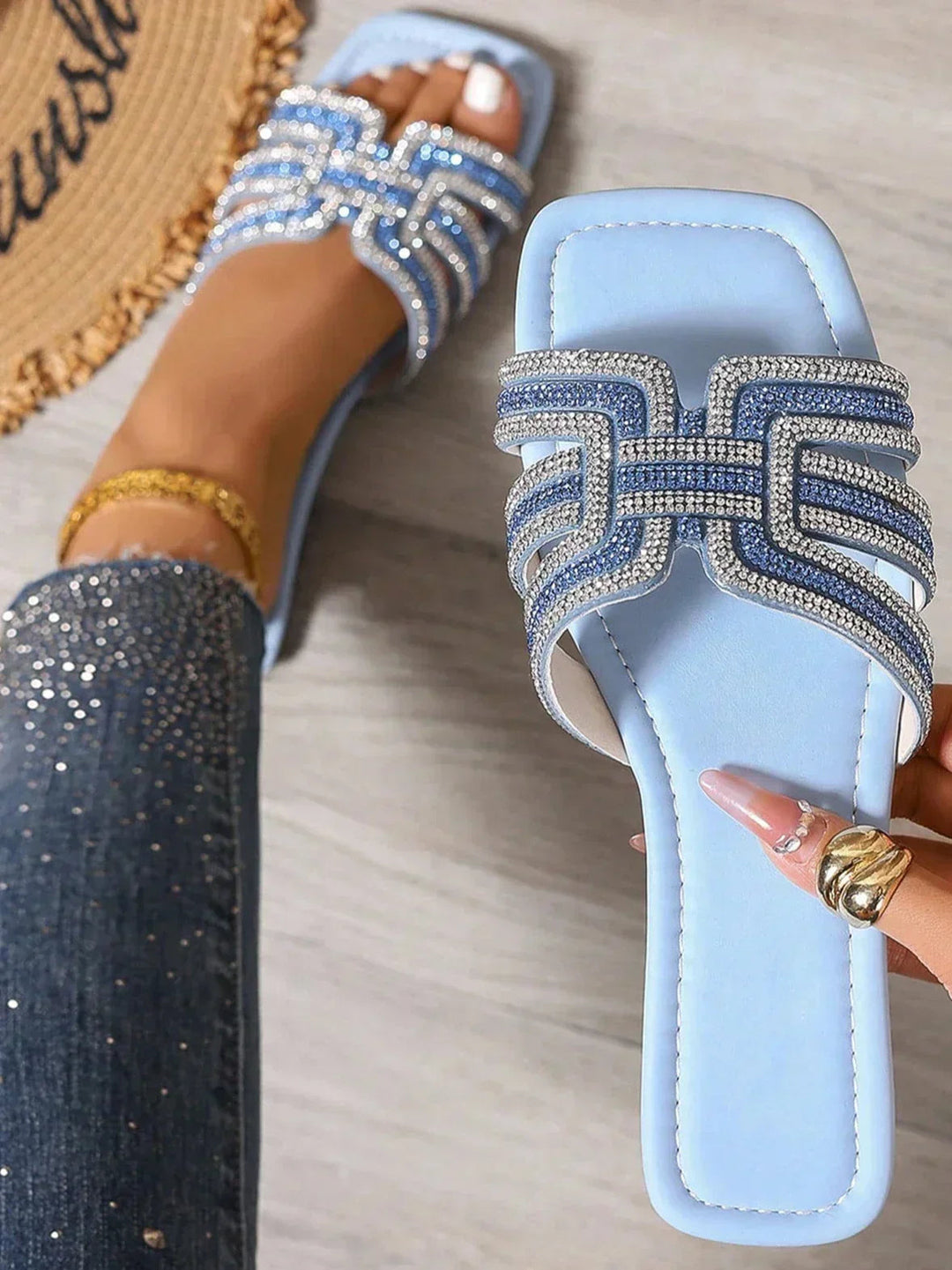 Geraldine | Slide Sandals with Geometric Straps and Rhinestone Embellishment