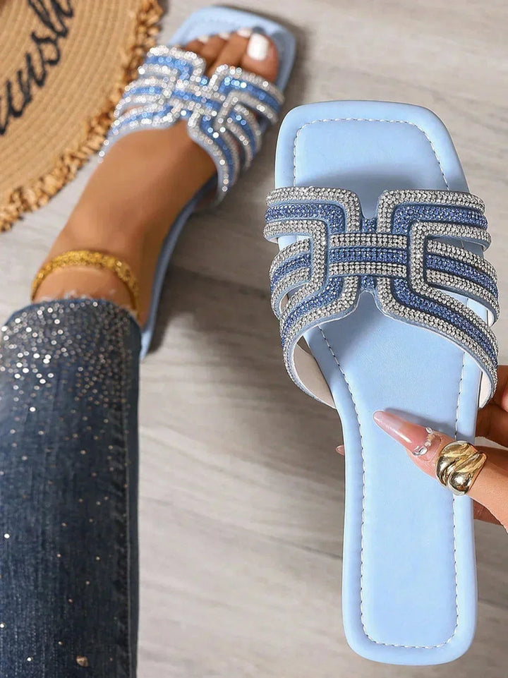 Geraldine | Slide Sandals with Geometric Straps and Rhinestone Embellishment