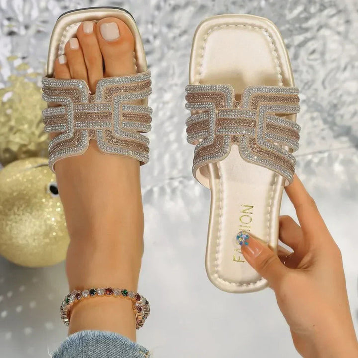 Geraldine | Slide Sandals with Geometric Straps and Rhinestone Embellishment