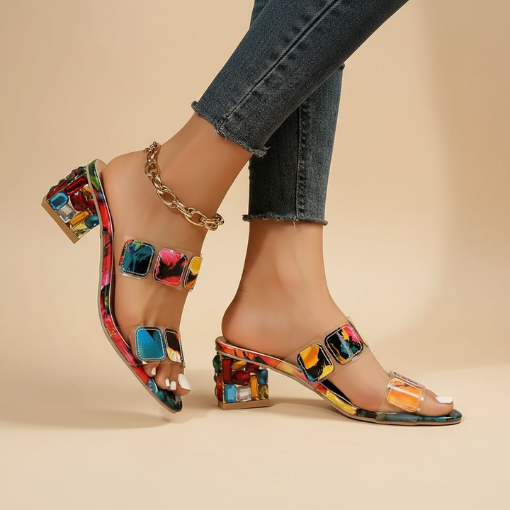 Gwendolyn | Slide Sandals with Block Heel and Embellished Accents