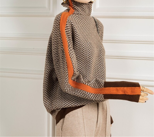 Harriet | Turtleneck Sweater with Herringbone Pattern and Striped Detail