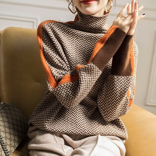 Harriet | Turtleneck Sweater with Herringbone Pattern and Striped Detail