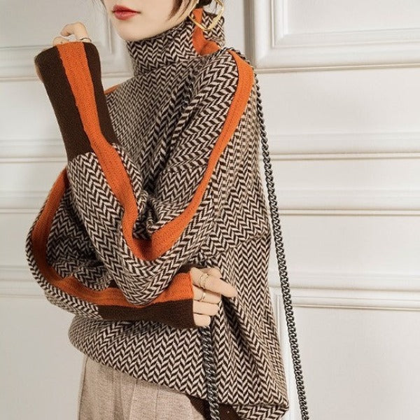 Harriet | Turtleneck Sweater with Herringbone Pattern and Striped Detail