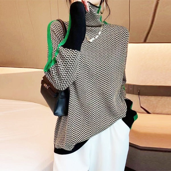 Harriet | Turtleneck Sweater with Herringbone Pattern and Striped Detail