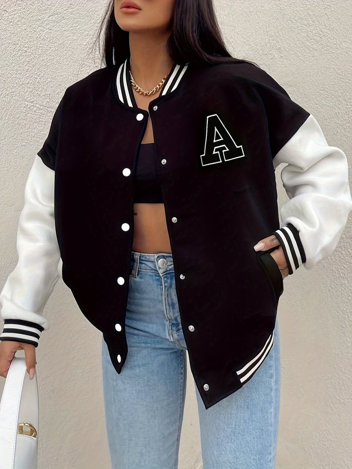 Hazel | Bomber Jacket with Contrast Sleeves and Striped Ribbed Cuffs