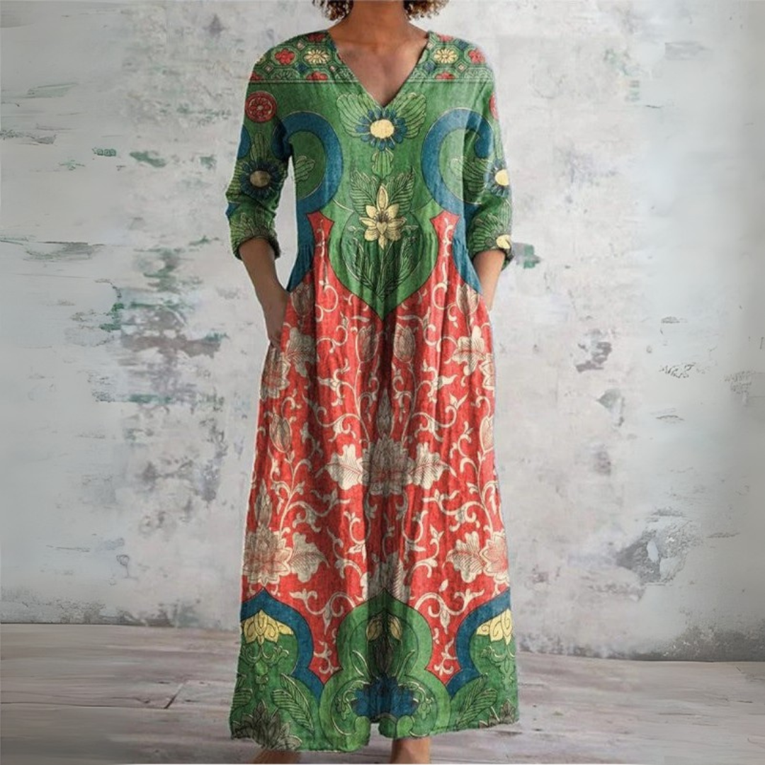 Helen | Boho Vintage Floral Maxi Dress with V Neck and Three Quarter Sleeves